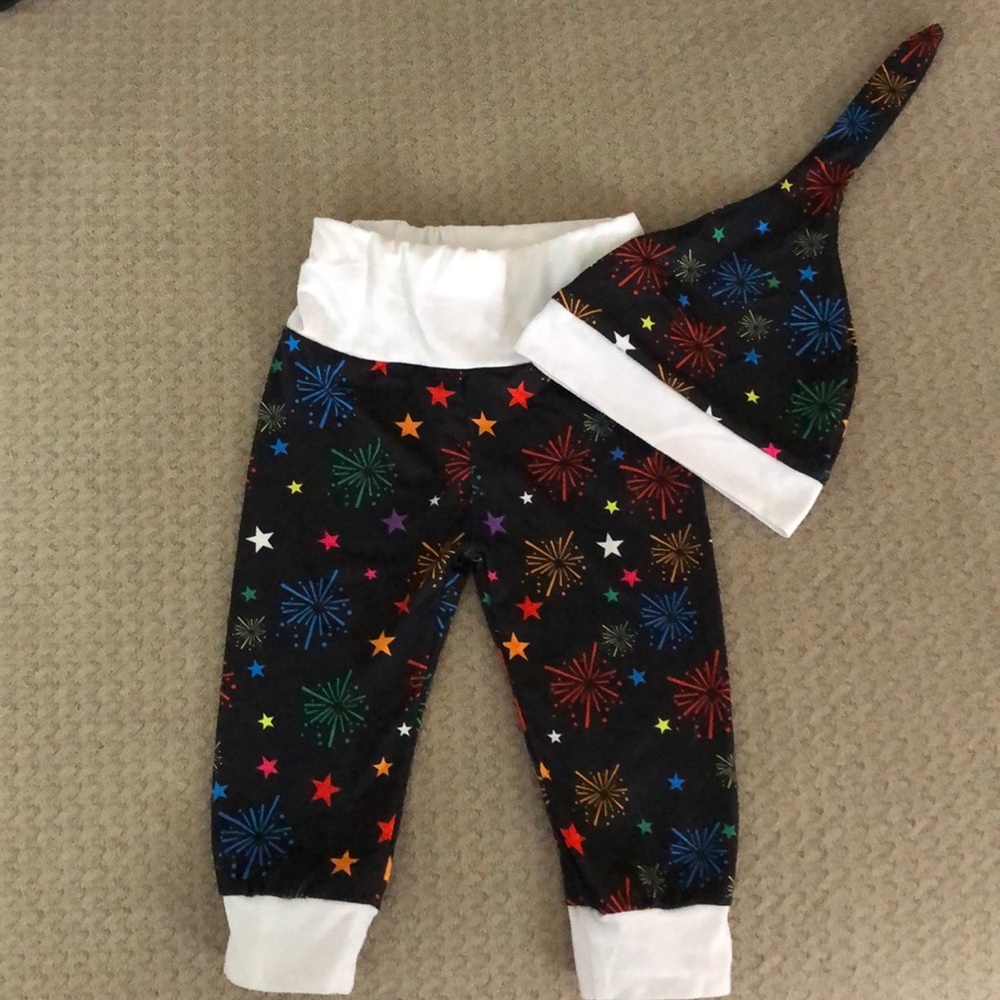 Fireworks pants and hat set - 0-3 mos